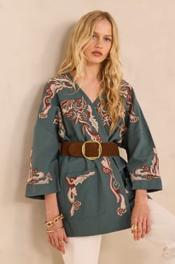 Embroidered 3/4 sleeve cotton jacket NOURIA;${refinementColor}