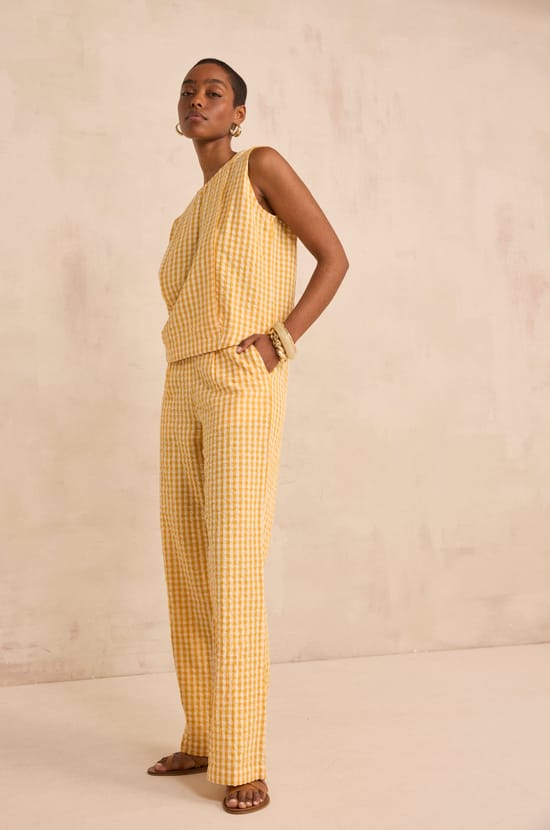 Pantalon droit imprim&eacute; vichy en coton THEODORE;${refinementColor}
