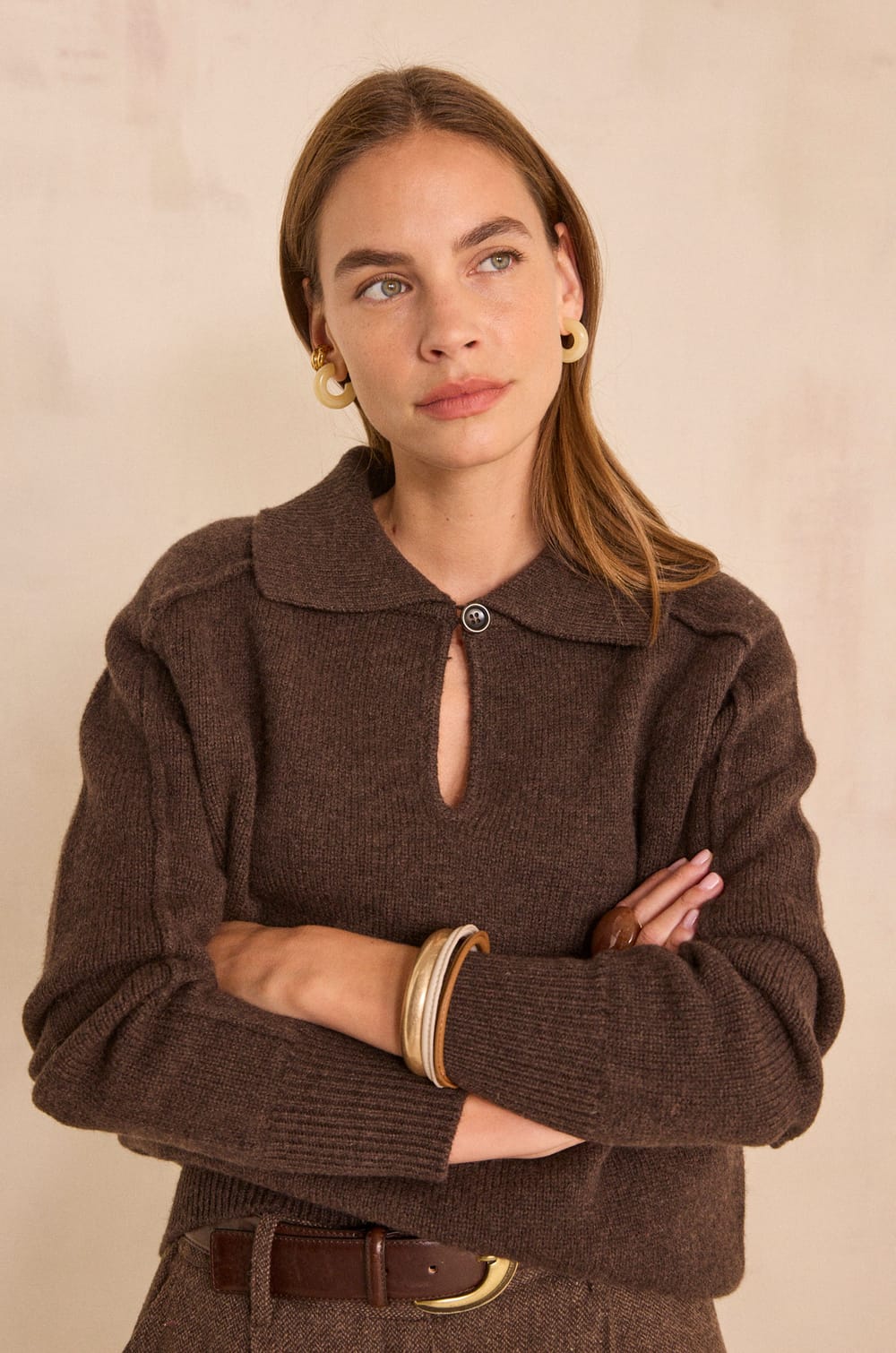 Long sleeve chocolate sweater in wool ANDREA;${refinementColor}