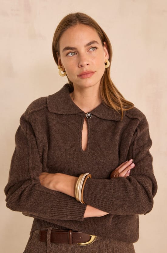 Long sleeve chocolate sweater in wool ANDREA;${refinementColor}