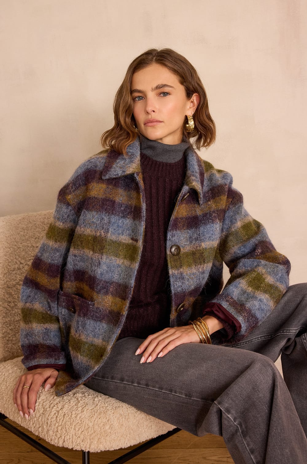 DANNY mid-length checked wool coat;${refinementColor}