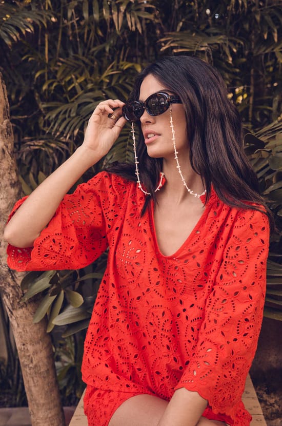 Blusa de algod&oacute;n bordada de manga 3/4 DELYLIA;${refinementColor}