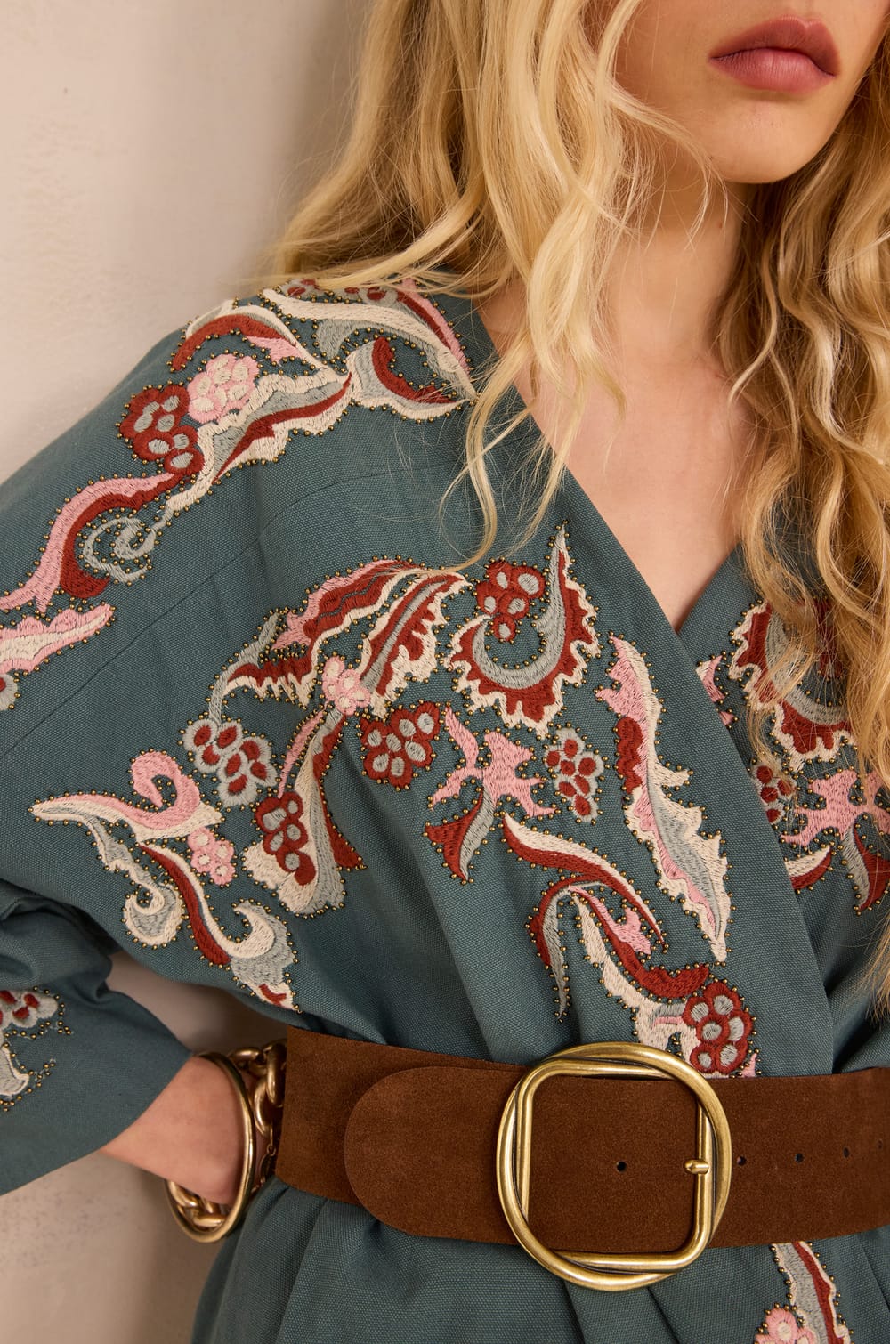 Embroidered 3/4 sleeve cotton jacket NOURIA;${refinementColor}