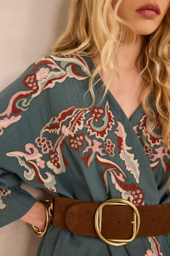Embroidered 3/4 sleeve cotton jacket NOURIA;${refinementColor}