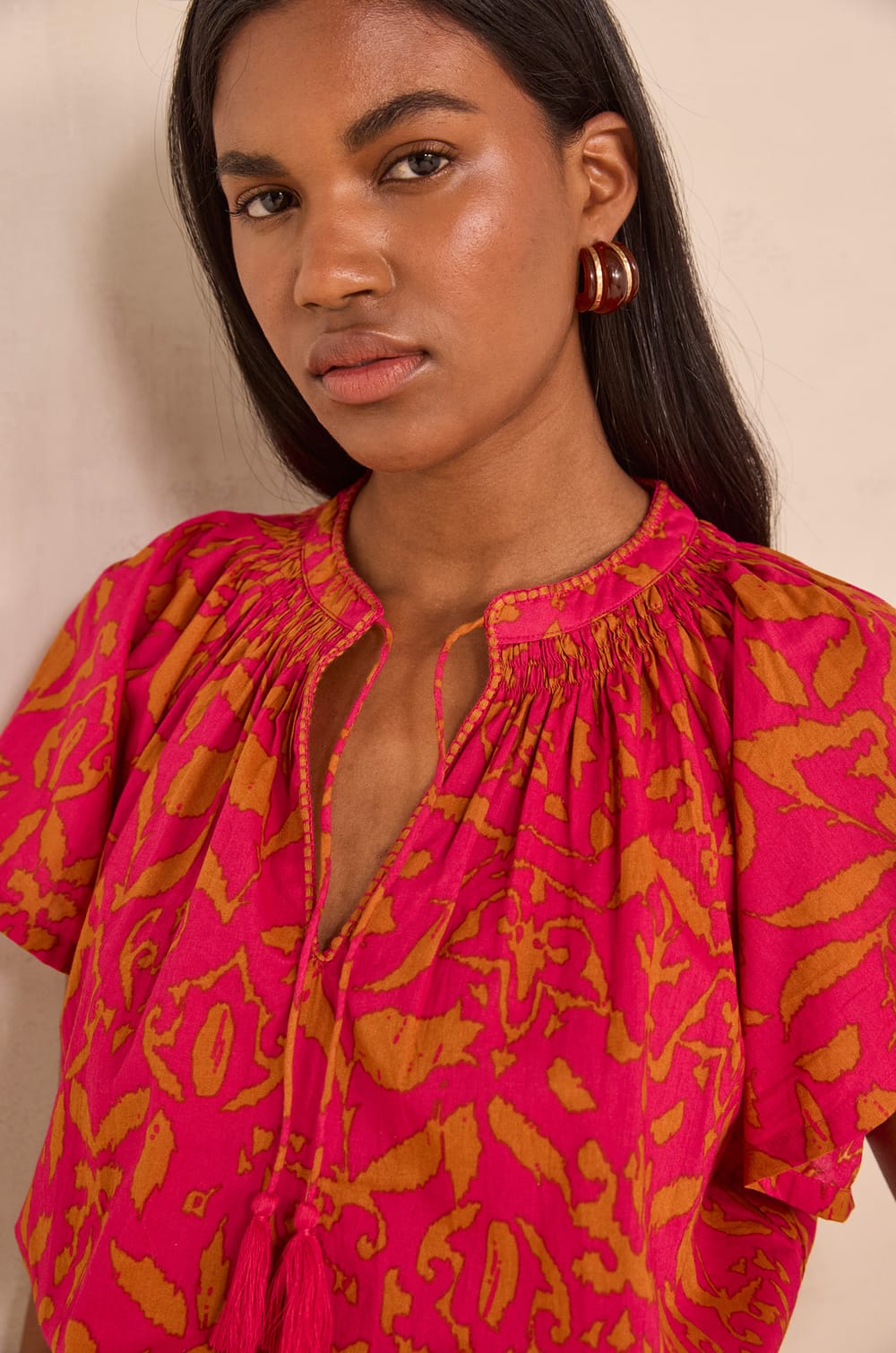 MIA short-sleeve cotton printed blouse;${refinementColor}