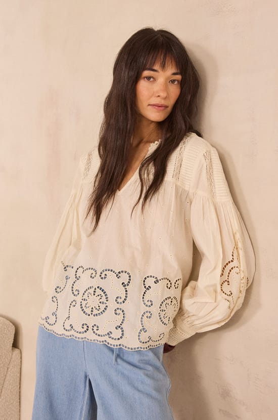 Embroidered cream cotton blouse MADELEINE;${refinementColor}