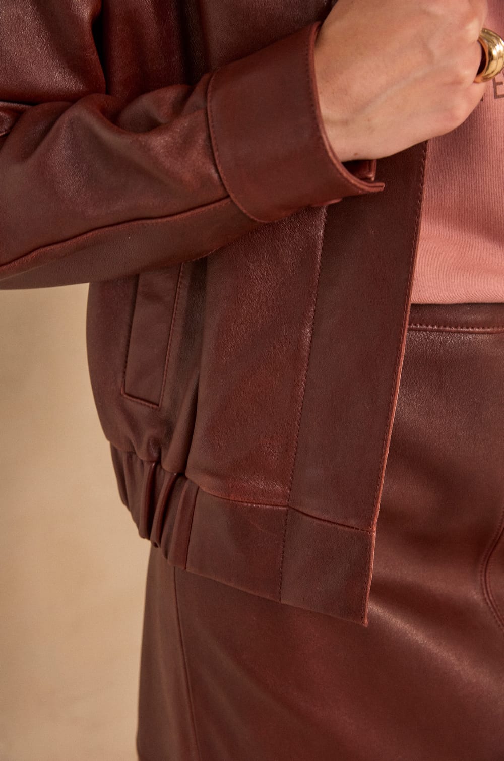 Barnabe long sleeve leather jacket;${refinementColor}