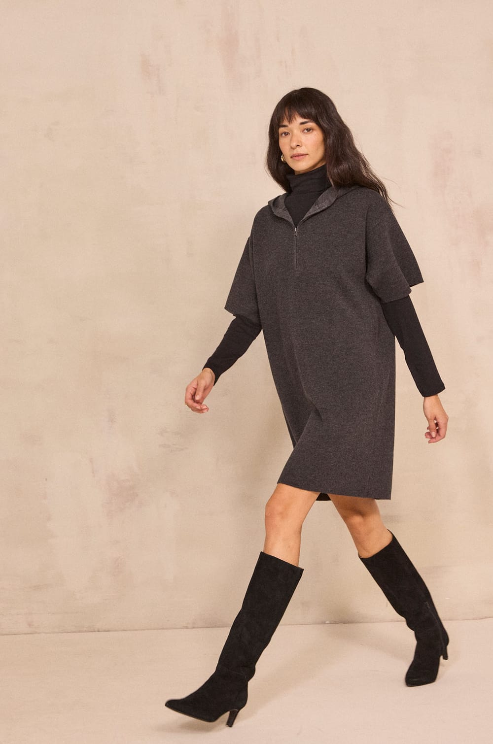 Charcoal gray blended wool dress PENSEE;${refinementColor}