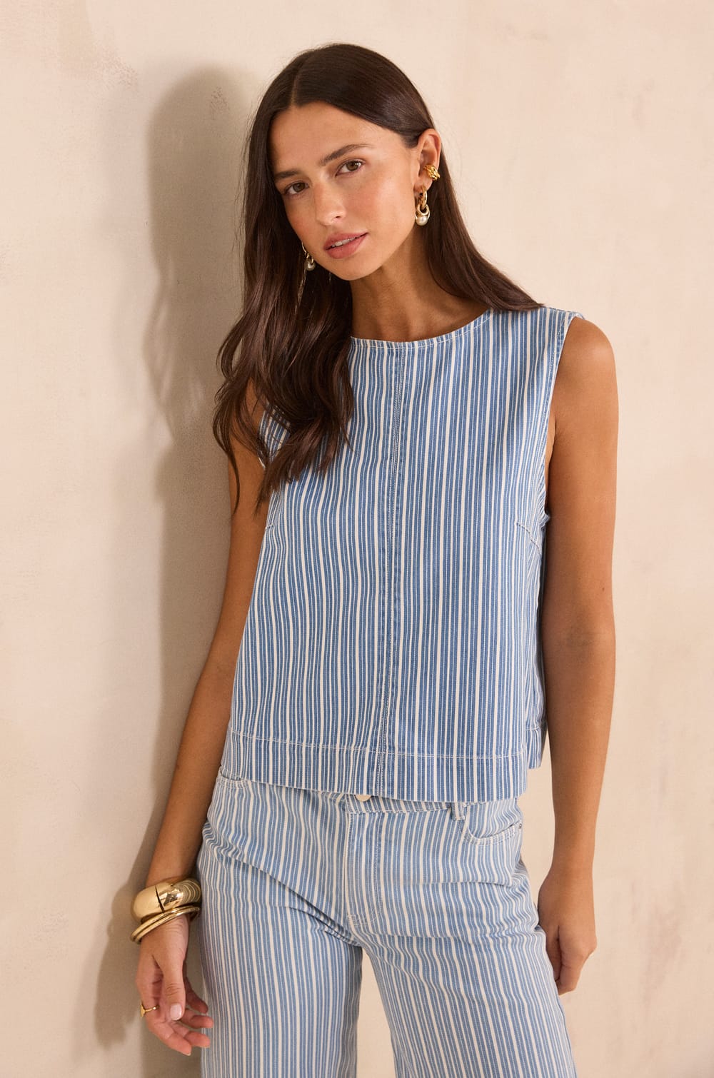 Striped sleeveless top in blended cotton Denver;${refinementColor}