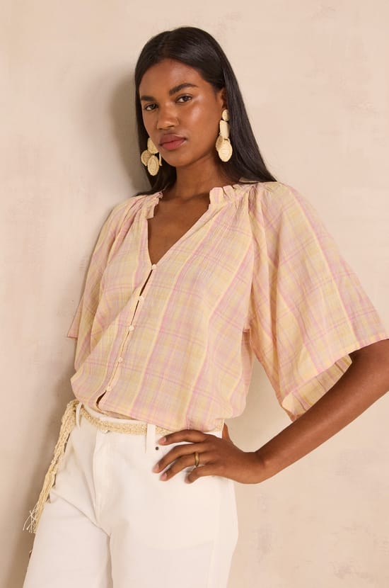Short-sleeved checkered cotton blouse MADDY;${refinementColor}