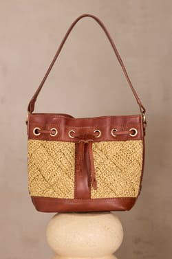 LUCIEN leather and raffia bucket bag;${refinementColor}