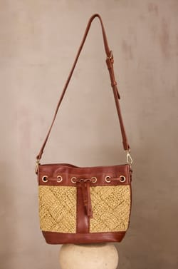 LUCIEN leather and raffia bucket bag;${refinementColor}