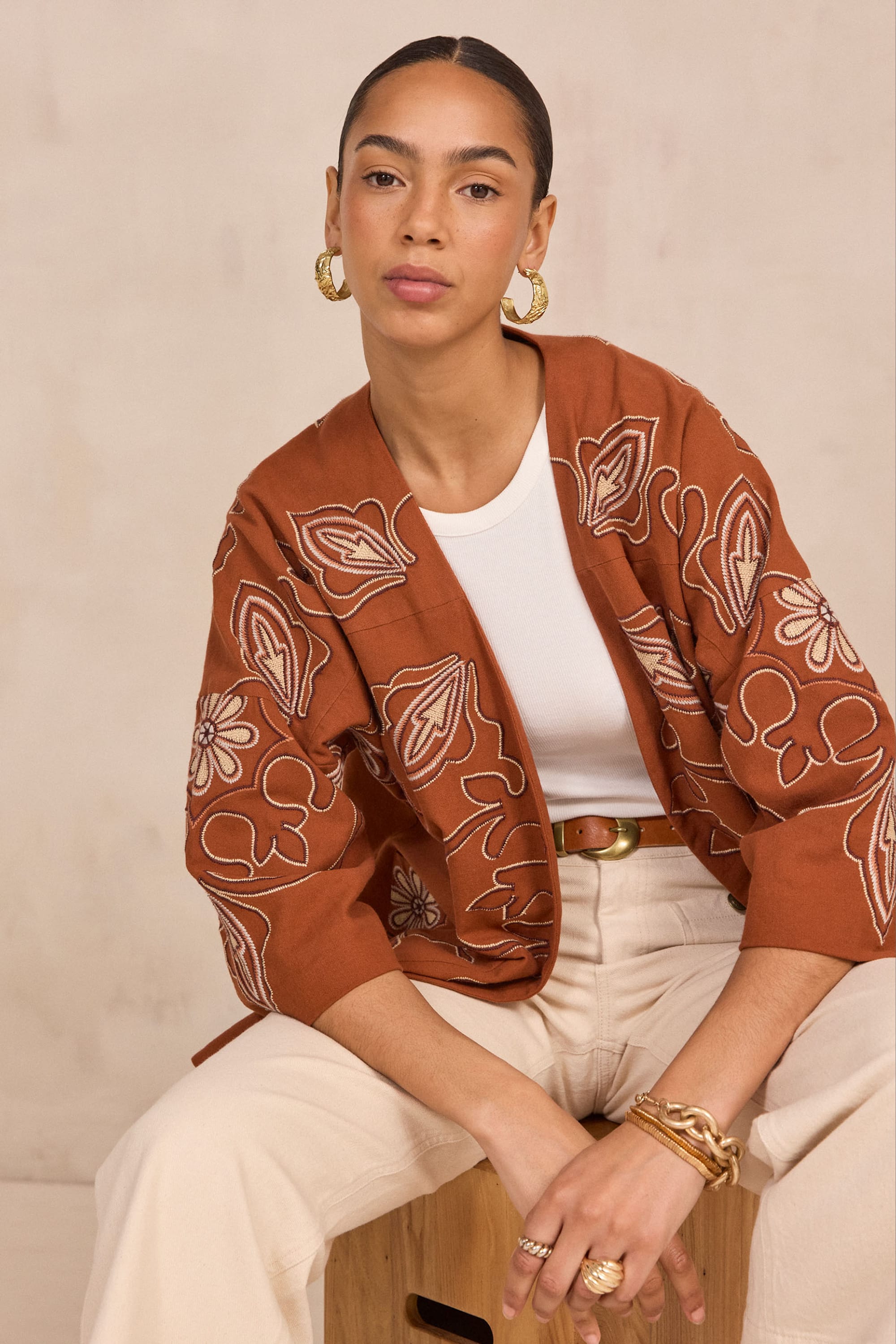 Embroidered 3/4 Sleeve Cotton Jacket VIRGINIA woman | TOFFEE