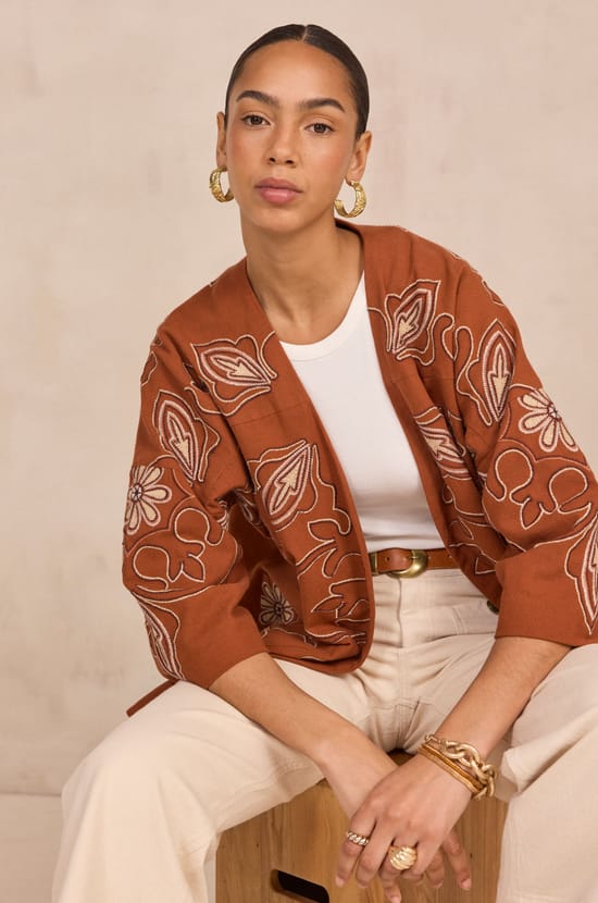 Embroidered 3/4 Sleeve Cotton Jacket VIRGINIA;${refinementColor}