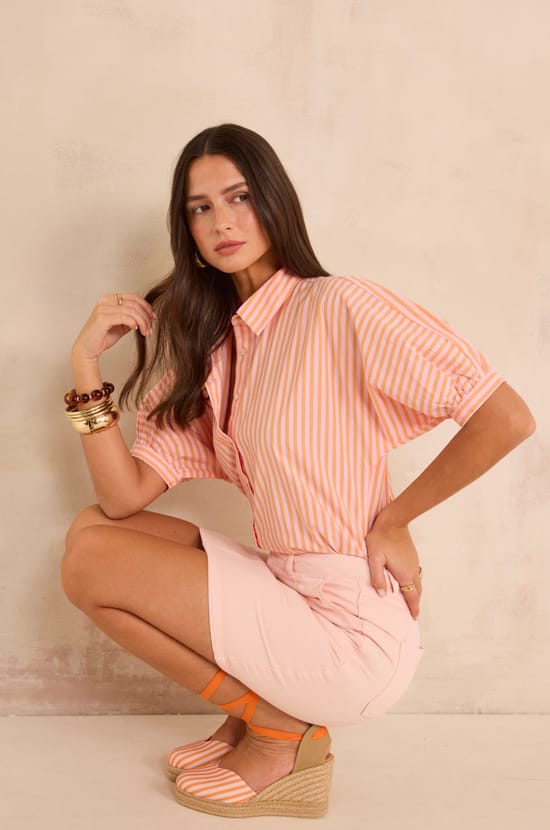 Striped 3/4 sleeve cotton shirt DOMENICO;${refinementColor}