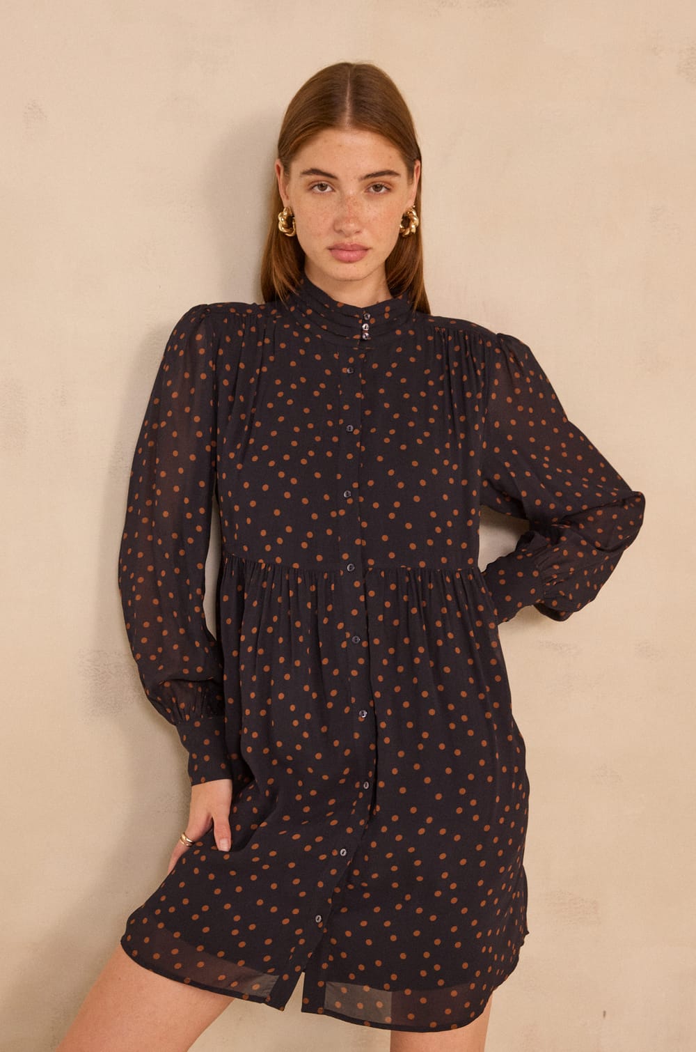 Short and flowy dress with tie collar PRISCILA;${refinementColor}