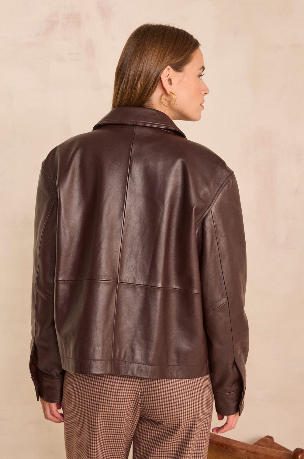 COCO leather long sleeve jacket;${refinementColor}