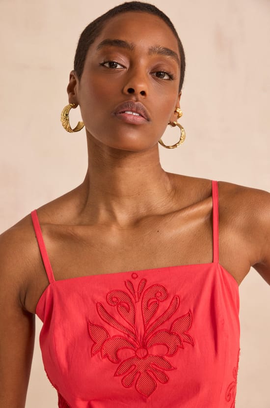 Embroidered cotton trapeze dress BRIELLE;${refinementColor}