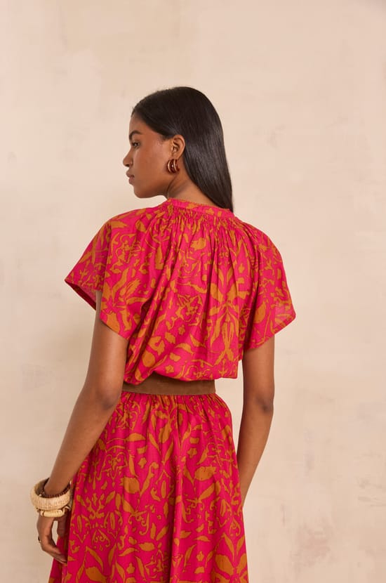 MIA short-sleeve cotton printed blouse;${refinementColor}