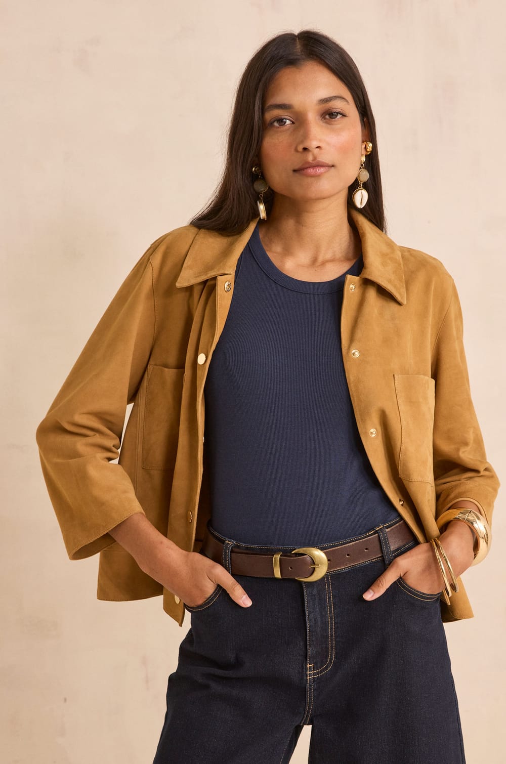 CLARA 3/4 sleeve leather shirt;${refinementColor}