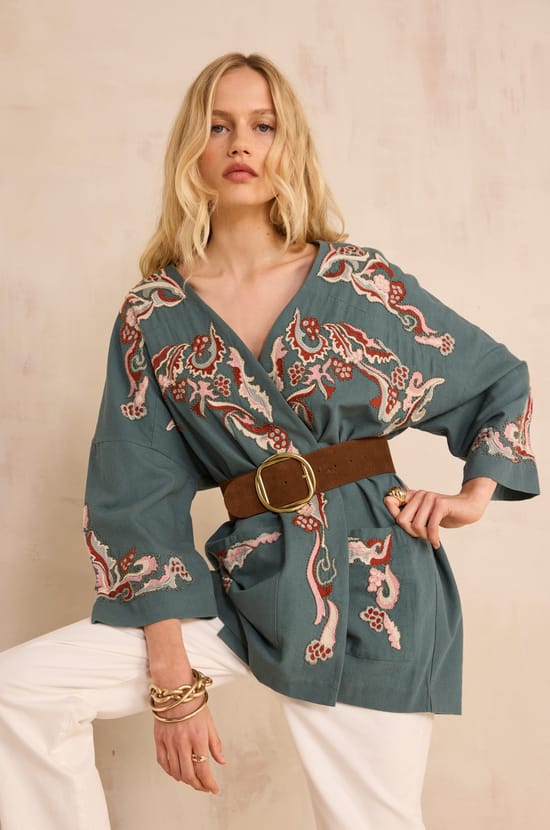 Embroidered 3/4 sleeve cotton jacket NOURIA;${refinementColor}