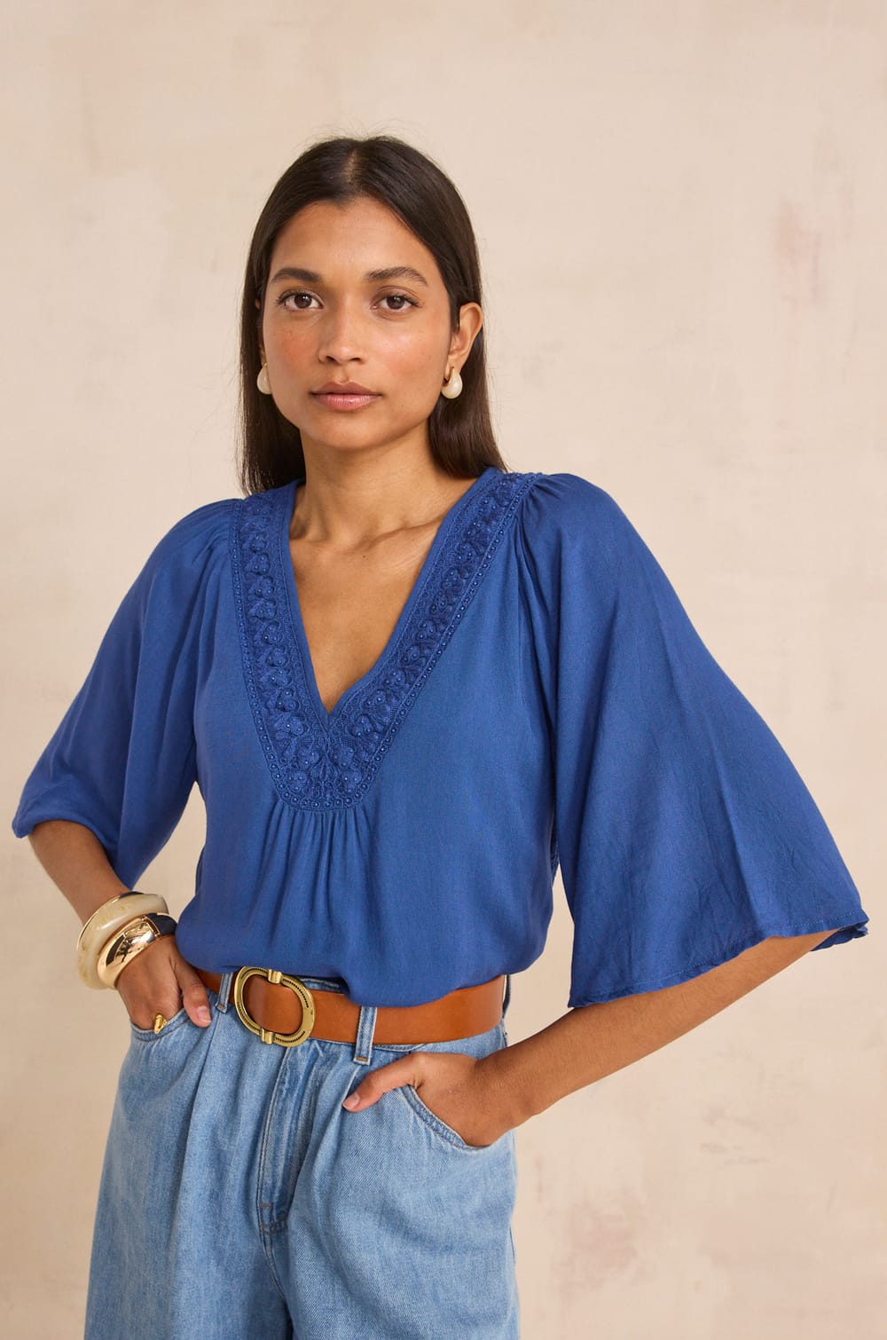 Embroidered blouse with 3/4 sleeves DEBORAH;${refinementColor}