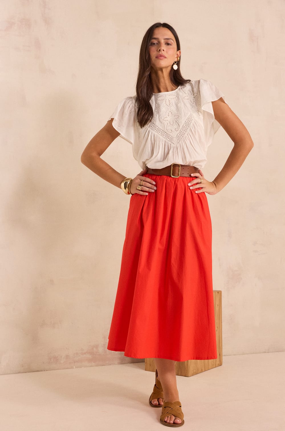 Brown fluid cotton midi skirt;${refinementColor}
