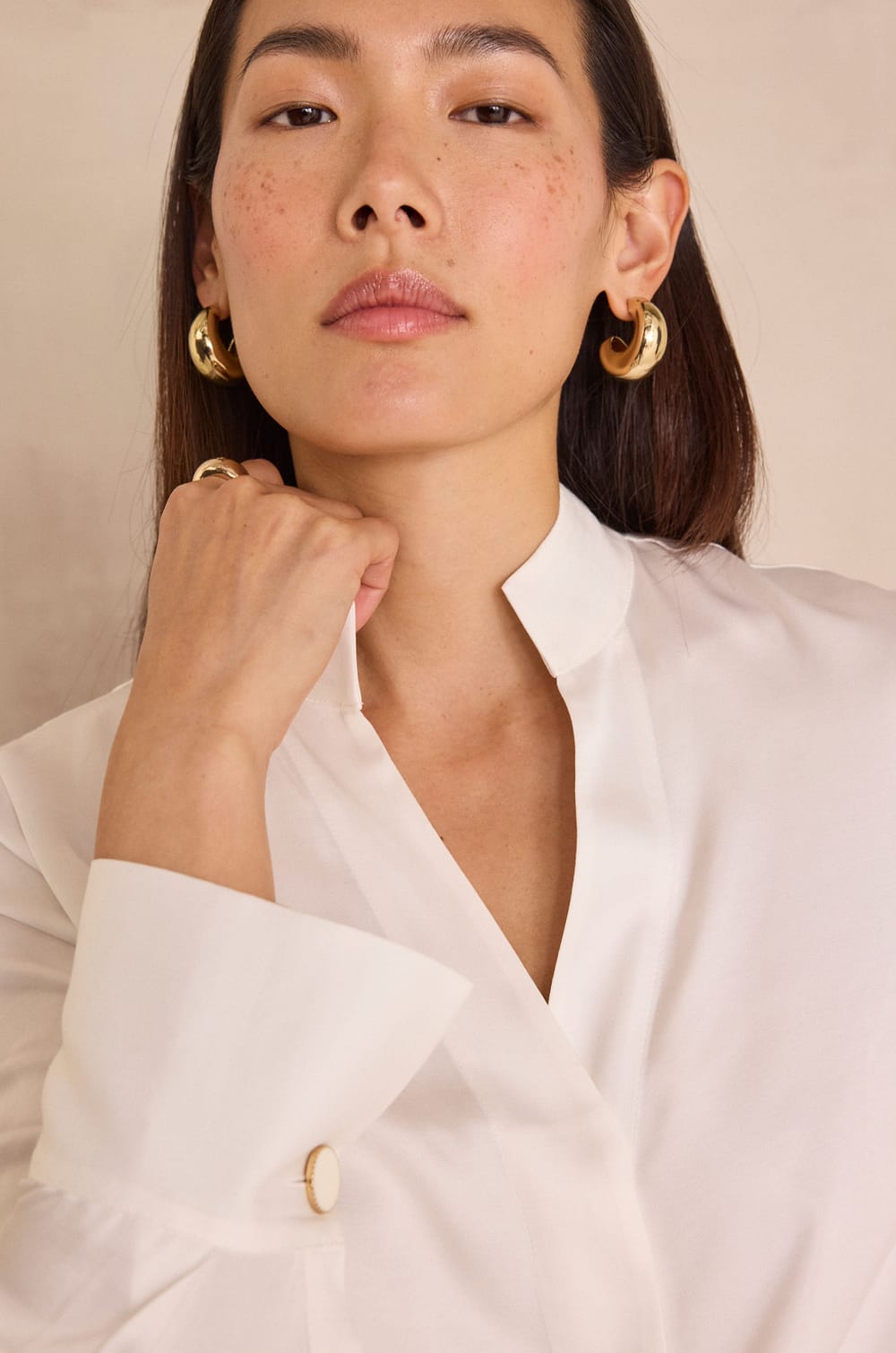 V-neck satin Shirt BASILE;${refinementColor}