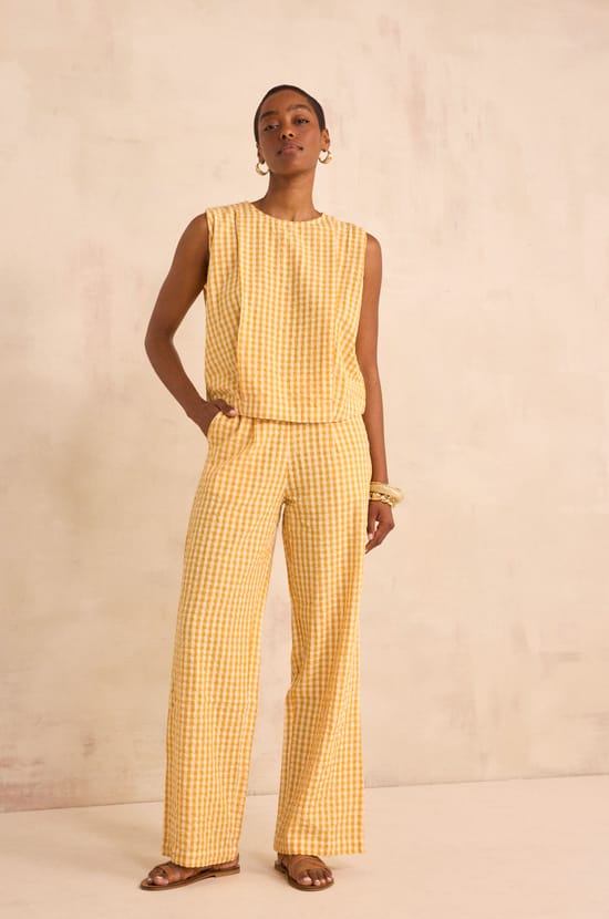 Pantalon droit imprim&eacute; vichy en coton THEODORE;${refinementColor}