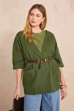 Embroidered 3/4 sleeve cotton jacket VOYAGE;${refinementColor}