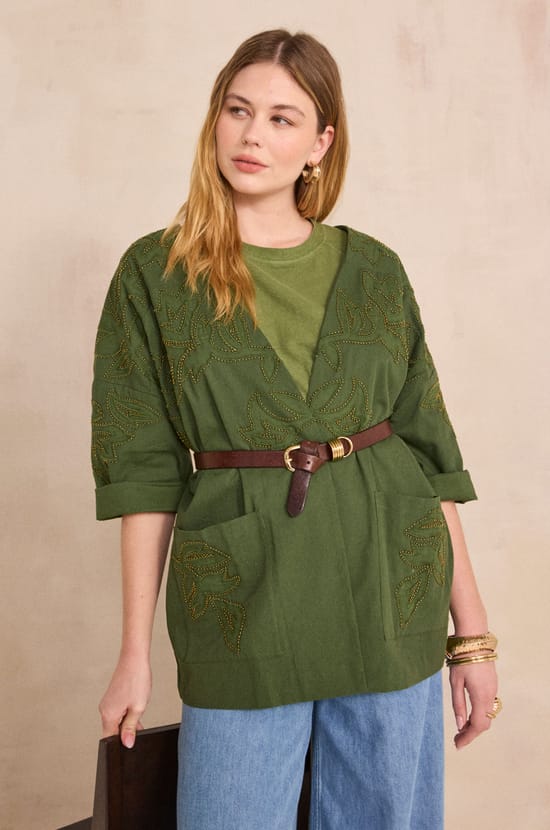 Embroidered 3/4 sleeve cotton jacket VOYAGE;${refinementColor}