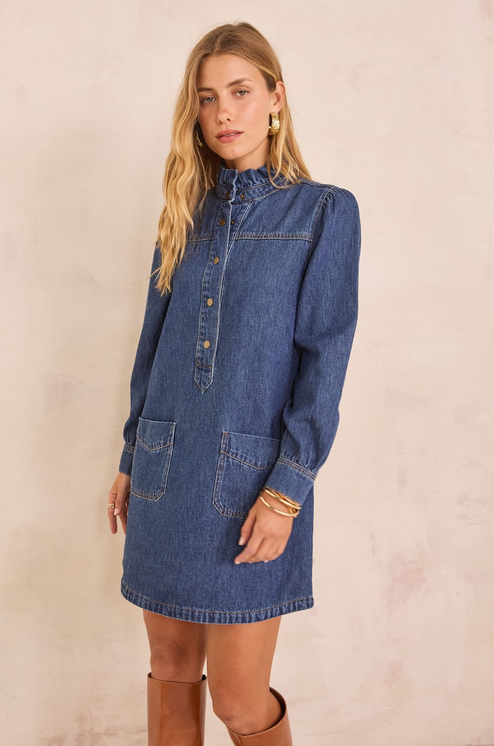 Denim shirt dress with high collar BLAKE;${refinementColor}