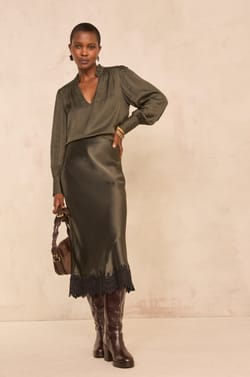Khaki straight skirt with lace ODILE;${refinementColor}
