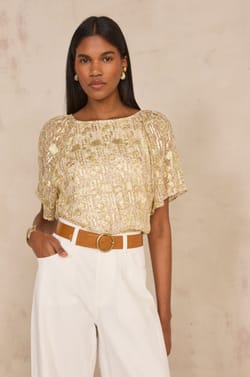 Blouse impim&eacute;e brillante &agrave; manches courtes DELINA;${refinementColor}