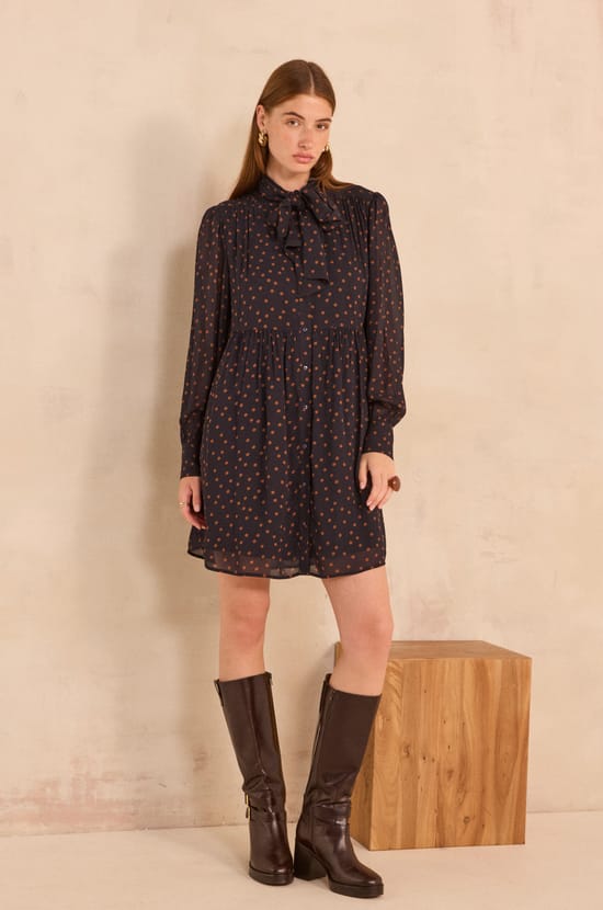 Short and flowy dress with tie collar PRISCILA;${refinementColor}