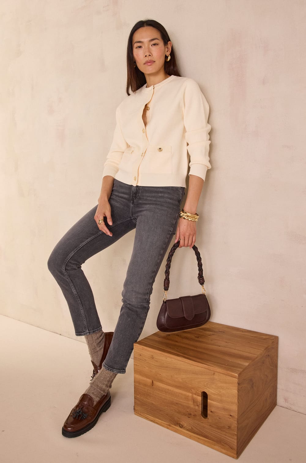 Cardigan with visible seams PETERSON;${refinementColor}