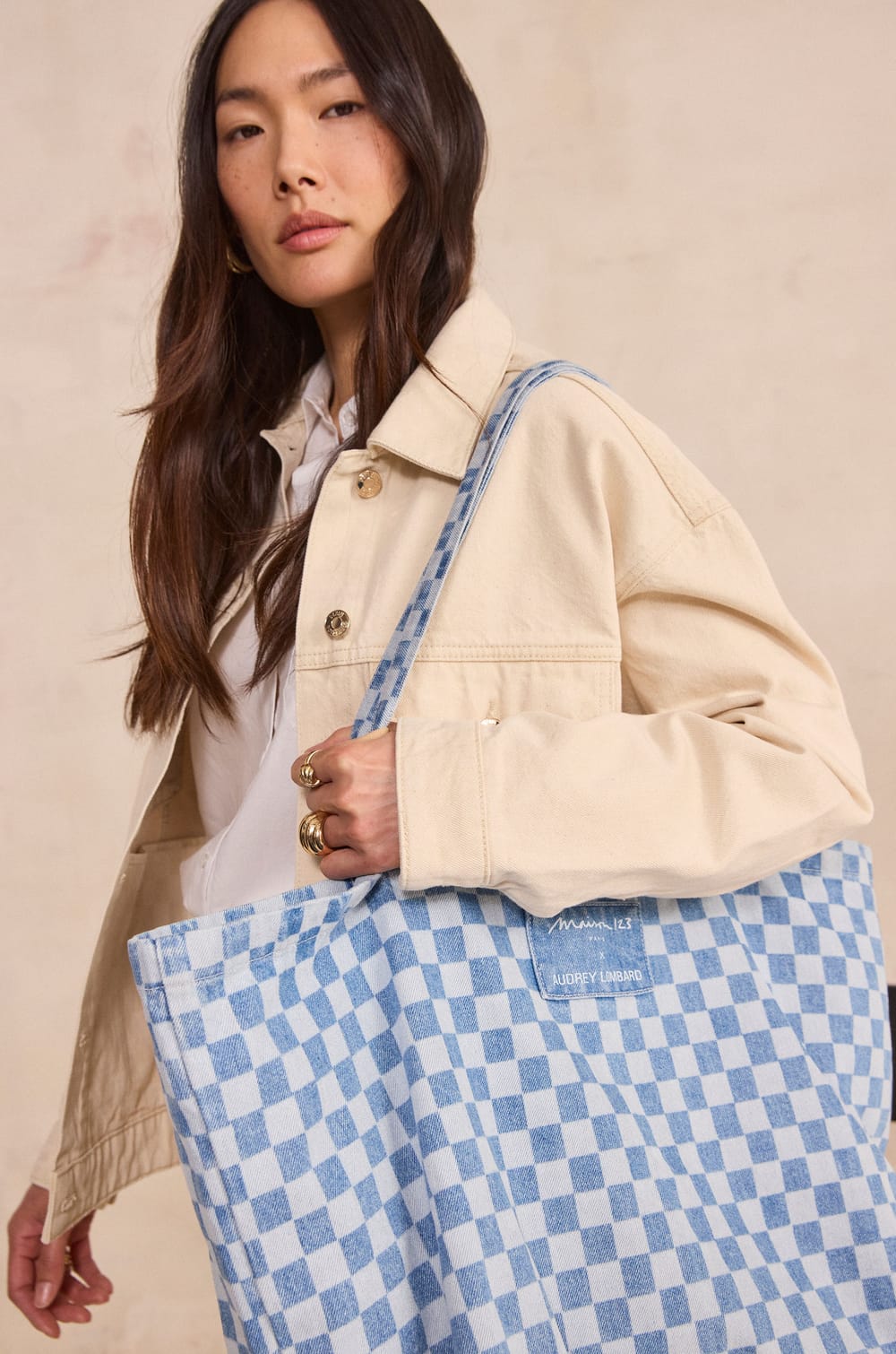 Sac en jean &agrave; carreaux Audrey Lombard x Maison 123 BIGGIE;${refinementColor}