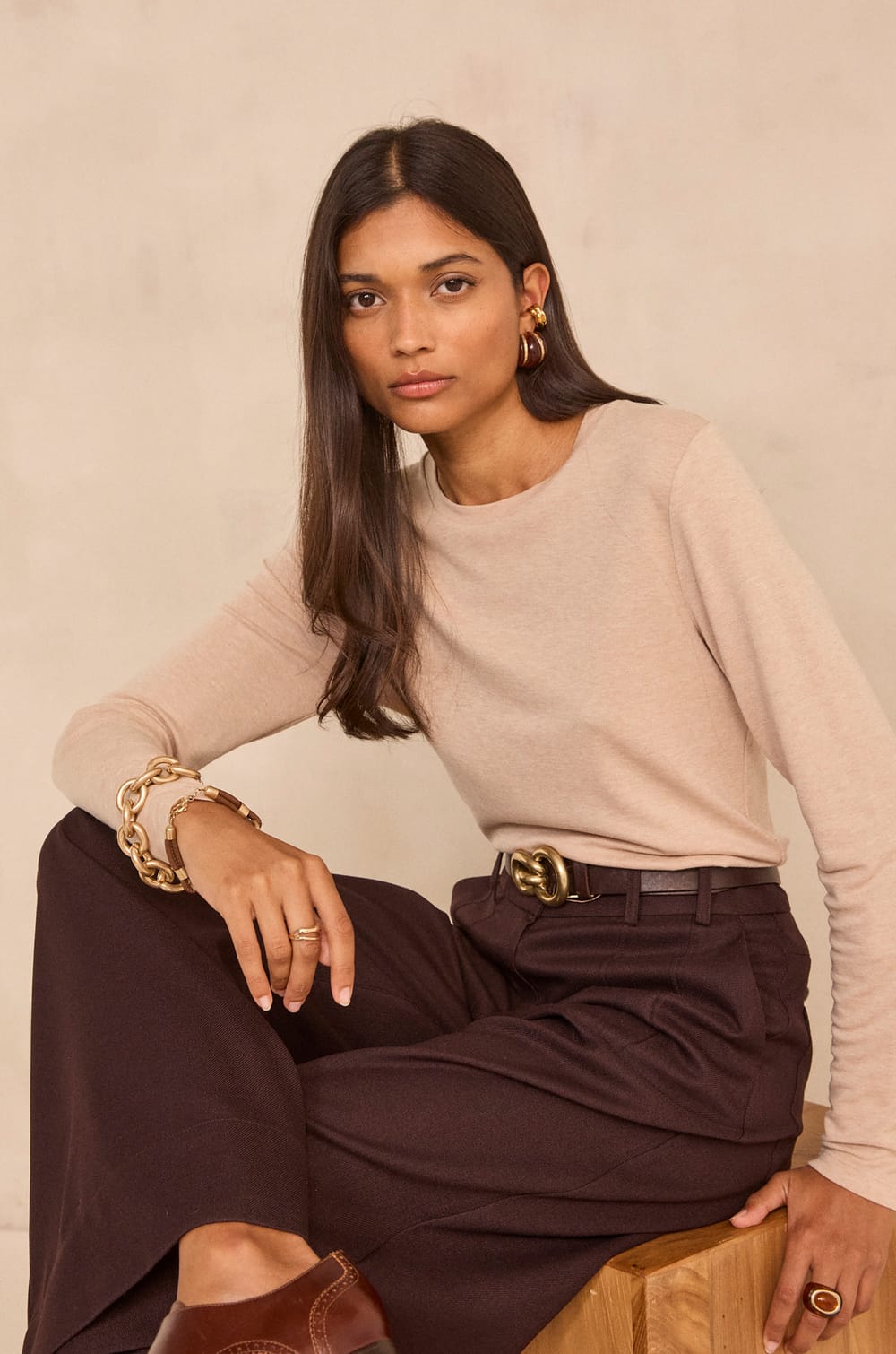 Flynn Long Sleeve Silk Blend T-Shirt;${refinementColor}