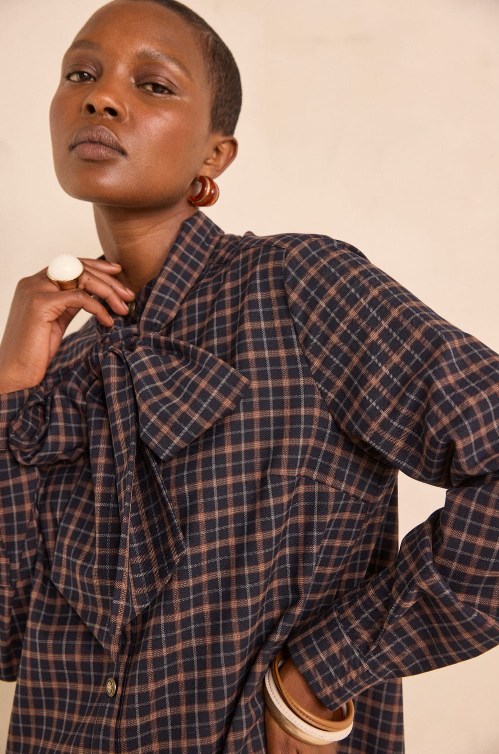 Straight checkered dress with bow tie collar PARSY;${refinementColor}