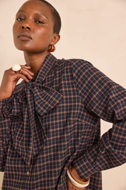 Straight checkered dress with bow tie collar PARSY;${refinementColor}