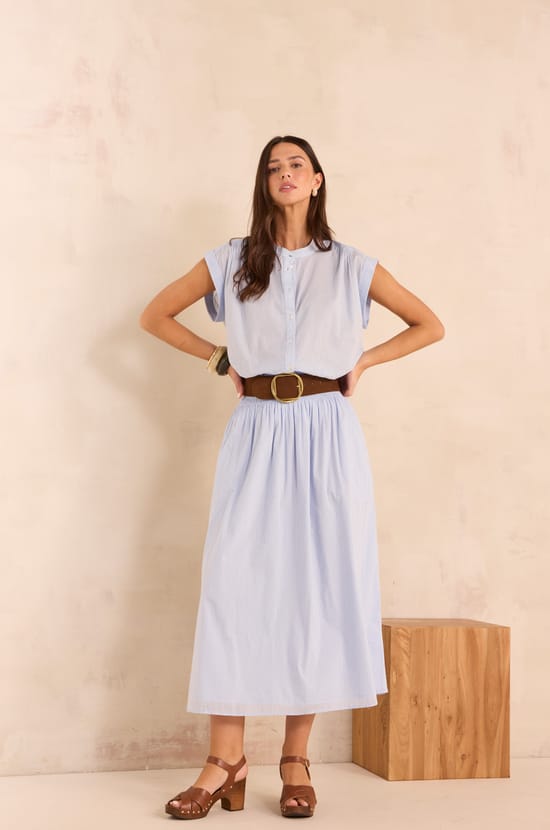Striped cotton VOILE midi skirt;${refinementColor}