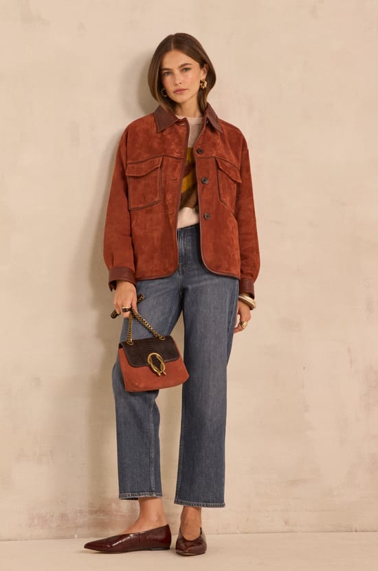 Brown suede leather jacket;${refinementColor}