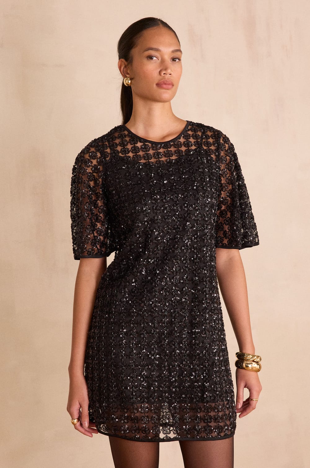 ROSELLA A-line dress with short sleeves;${refinementColor}