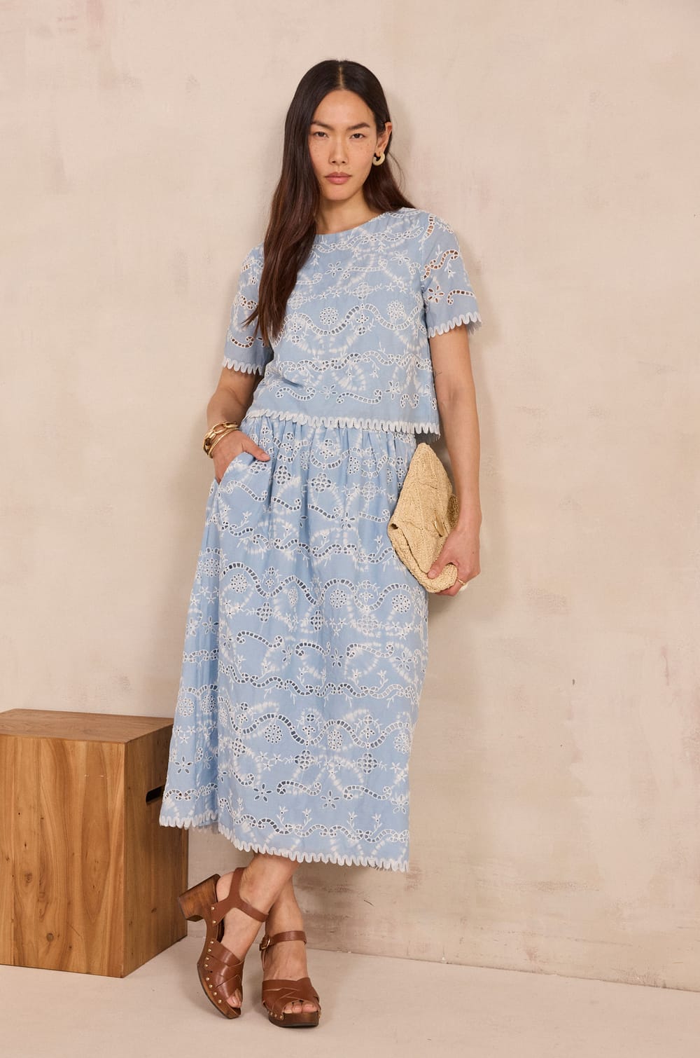 Embroidered cotton skirt ORIZON;${refinementColor}