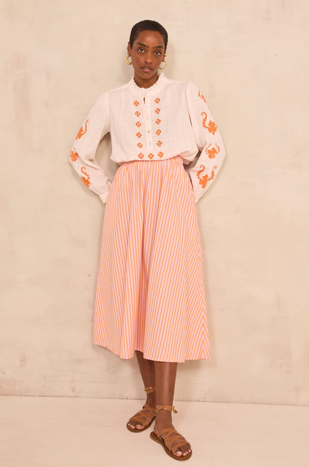 Cotton striped flowy midi skirt BRUNE;${refinementColor}