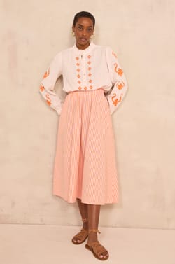 Cotton striped flowy midi skirt BRUNE;${refinementColor}