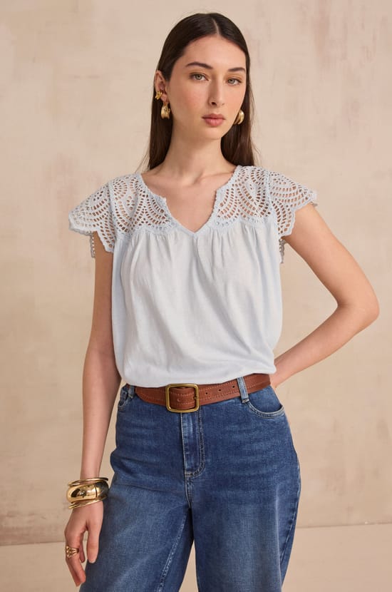 Embroidered short-sleeve cotton top LILOU;${refinementColor}
