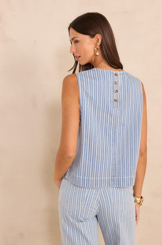 Striped sleeveless top in mixed cotton Denver;${refinementColor}