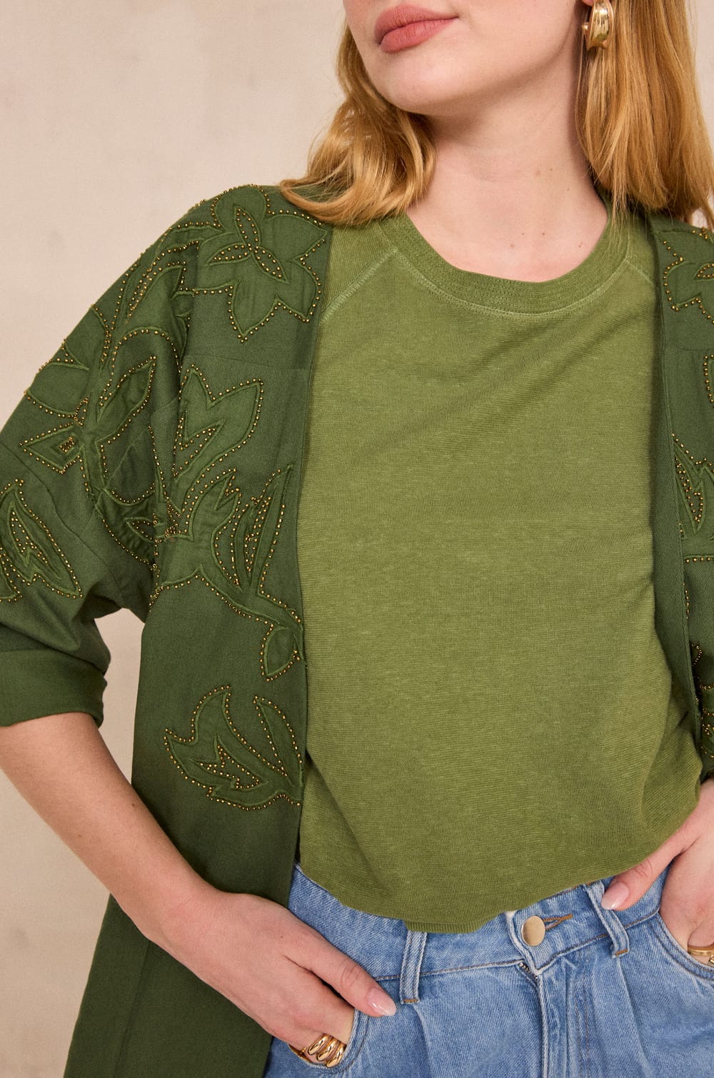 Embroidered 3/4 sleeve cotton jacket VOYAGE;${refinementColor}