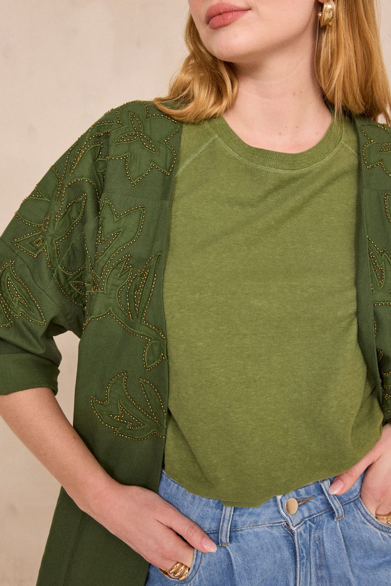 Embroidered 3/4 sleeve cotton jacket TRAVEL;${refinementColor}